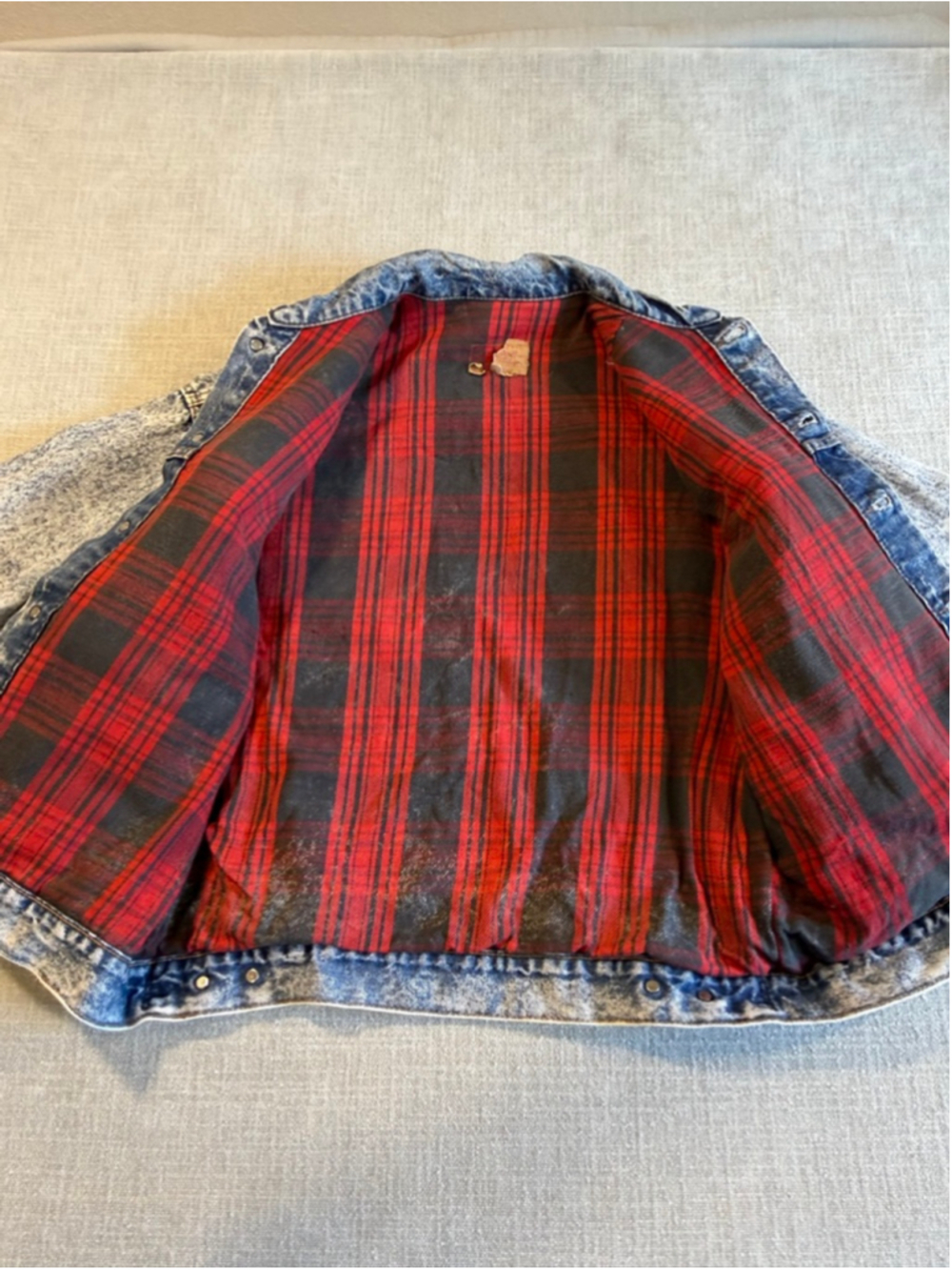Vintage Levi’s 80s acid wash plaid lined button up jean jacket size Large - Picture 6 of 14